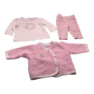 Lot of 3 Baby Girl Size 0-6M Pink & White Bear Jacket Stripe Shirt Pants